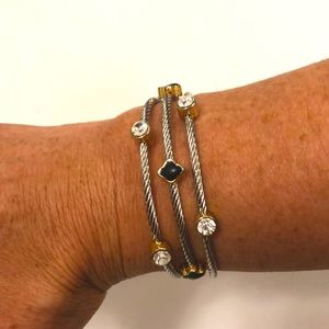Three Strand Bracelet Gold & Silver Tone Metal White Rhinestone & Black Clover
